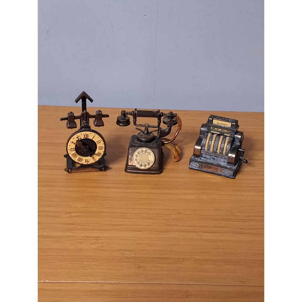 Vintage Durham Die Cast Metal Miniature Telephone Cash Register & Clock Lot Of 3